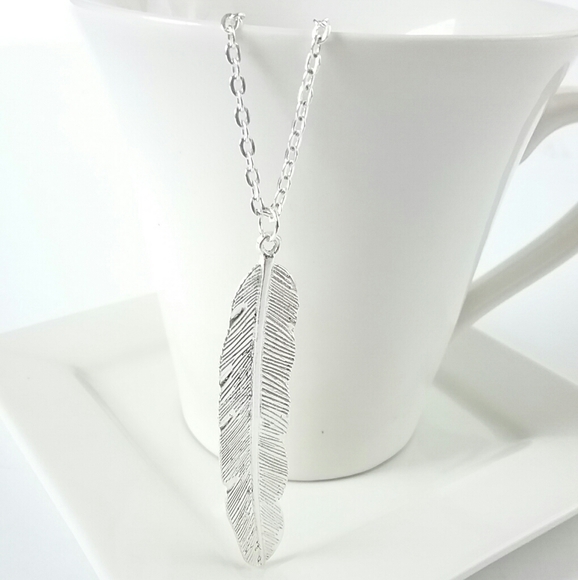 Silver Feather Long Bohemian Necklace - Picture 2 of 9